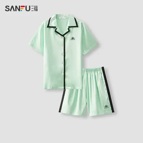 三福女夏季多巴胺丝滑抗菌睡衣套装 宅家刺绣撞色家居服480109图片
