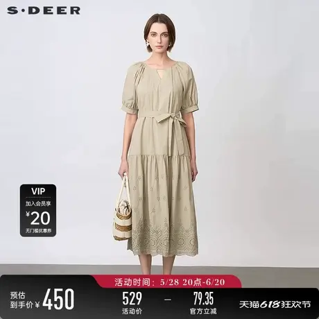 sdeer圣迪奥25年新品女田园风圆V领收腰绣花短袖连衣裙S25261206图片