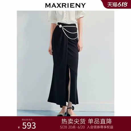 MAXRIENY法式复古抽褶半裙25夏款精致优雅感黑色开叉高腰中长裙图片