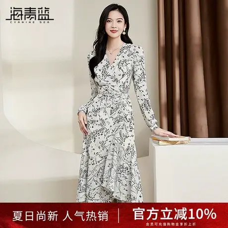 海青蓝2024新款温柔风茶歇裙子女秋装气质v领印花收腰长袖裙子图片