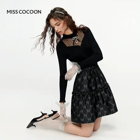 MISSCOCOON可可尼蓝精灵联名裙子2025冬季新款黑色针织拼接连衣裙图片
