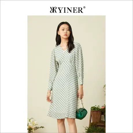 YINER音儿女装春季时尚高腰爱心印花V领长袖连衣裙图片