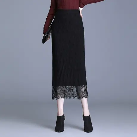 蕾丝拼接针织包臀裙女秋冬2023新款高腰修身开叉一步裙中长半身裙图片