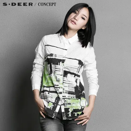 sdeer 圣迪奥新款撞色抽象印花长袖衬衫S15380507图片