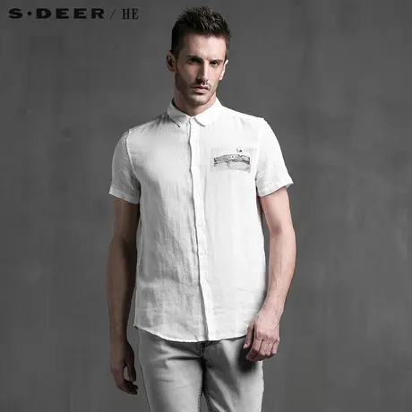 sdeerhe圣迪奥男装文艺舒适简约纯色棉麻简洁短袖衬衫H15270442图片