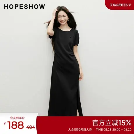 红袖outlets2025夏季新款女装泡泡袖收腰开叉圆领套头连衣裙图片