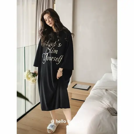 贝妍睡裙女春秋高级感八分袖莫代尔棉黑色睡衣休闲大码外穿连衣裙图片