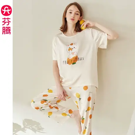 芬腾睡衣女冰丝夏季薄款凉感短袖长裤圆领卡通韩版少女家居服套装图片