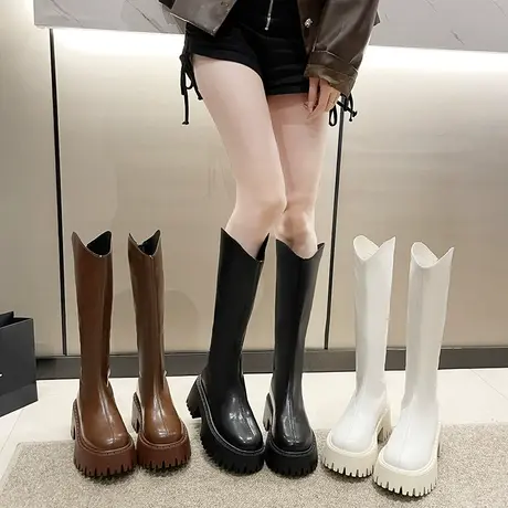 厚底长筒靴女2023年春秋季新款法式复古百搭瘦瘦靴粗跟高跟骑士靴商品大图