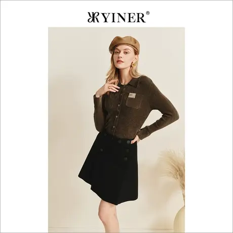 YINER音儿女装冬季纽扣设计小黑裙纯羊毛A字裙半身裙图片