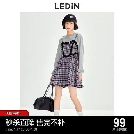 【不打烊清仓】乐町格纹假两件连衣裙休闲秋冬新款复古风拼接卫衣图片