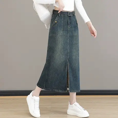 复古牛仔半身裙女开叉2023秋季新款高腰宽松显瘦直筒包臀裙长裙潮图片