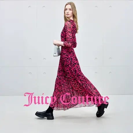 Juicy Couture橘滋连衣裙女2025年秋季新款玫红碎花网纱飘逸长裙图片