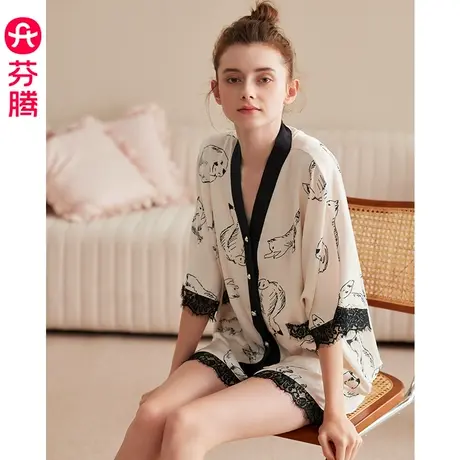 芬腾短袖睡衣女夏季冰丝薄款开衫V领宽松大码仿真丝绸家居服套装图片