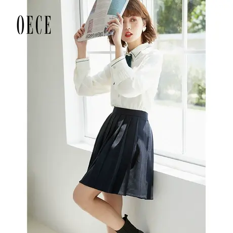 Oece学院风百褶裙子春季新款女装减龄复古短裙夏高腰半身裙图片