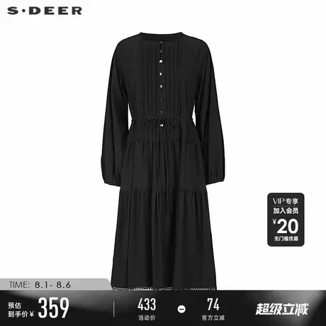 sdeer圣迪奥秋季女装圆领风琴褶收腰镂空花边连衣裙S243Z1292图片