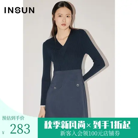 恩裳COVER冬季2022简约扭结交错V领设计拼接感毛织连衣裙女装图片