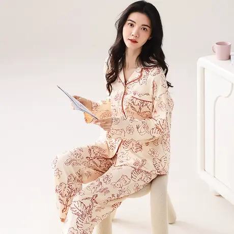 猫人睡衣女春秋季长袖开衫纯棉款套装秋冬季休闲大码可外穿两件套图片