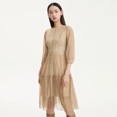 LANCY/悦朗姿气质蕾丝网纱连衣裙子女秋季新款高级假两件裙子图片