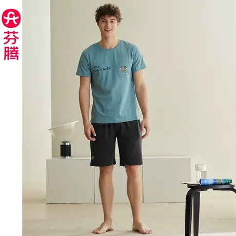 芬腾男士睡衣纯棉夏季圆领薄款短袖短裤休闲可外穿全棉家居服套装图片
