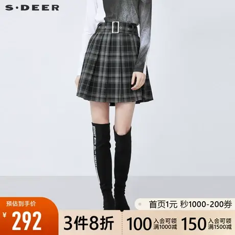 sdeer圣迪奥2021秋冬新品学院风收腰撞色格纹百褶短裙女S21481311图片