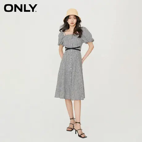 【ONLY奥莱】ONLY奥莱夏季新款设计感露肩收腰中长款格纹连衣裙图片