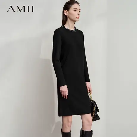 Amii2025秋新款休闲圆领香风手工钉珠钻织带毛织连衣裙女针织裙子图片
