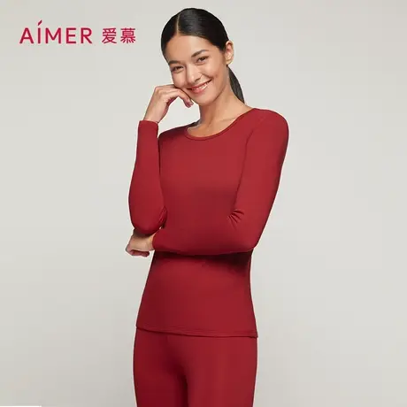爱慕女士红品中厚秋冬圆领打底套装微绒锁热贴合修身保暖内衣内搭图片