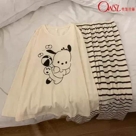 日系条纹睡衣女春秋季可爱帕恰狗网红棉学生家居服图片