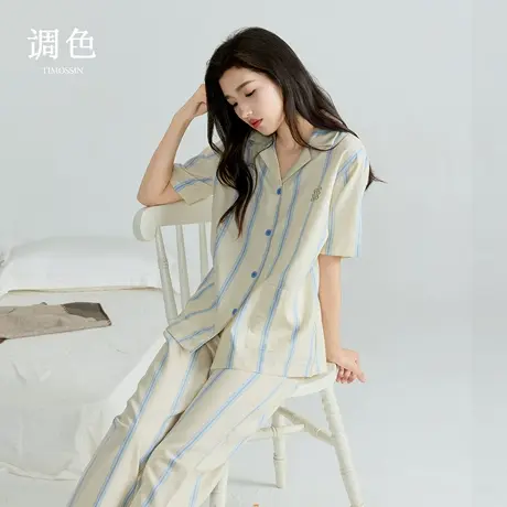 凉感天丝棉25新款睡衣套装女士睡衣男士春夏季竖条薄款短袖睡衣女图片