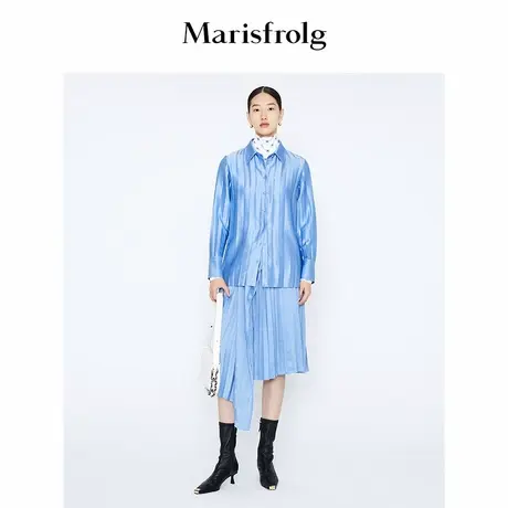 Marisfrolg玛丝菲尔冬季新款蓝色醋纤不规则压褶半身裙女图片