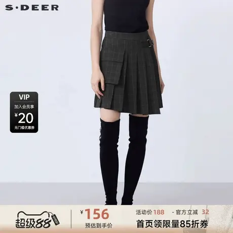 sdeer圣迪奥女装学院风撞色格纹拼接不规则A字短裙S21461306图片