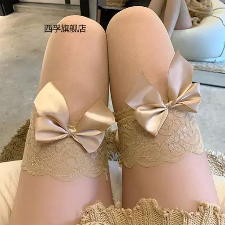 网红御姐风性感肤色蝴蝶结透肤黑丝袜春夏薄款纯欲蕾丝花边过膝袜图片
