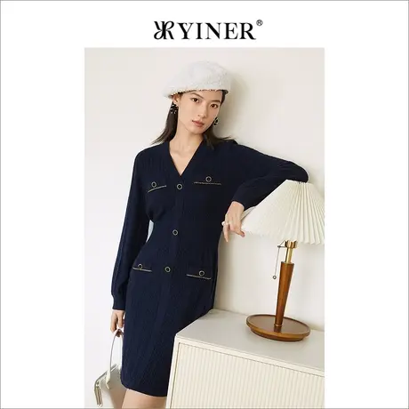 YINER音儿商场同款女装2021冬季新款羊毛含羊绒V领针织连衣裙图片