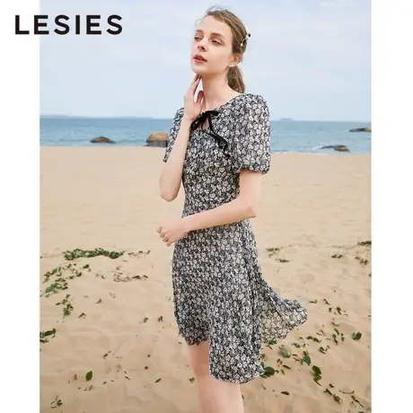 LESIES蓝色倾情夏装新款女装小雏菊印花镂空系带收腰雪纺连衣裙图片