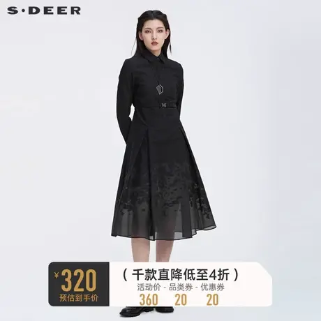 sdeer圣迪奥女春秋装印花收腰网纱不规则衬衫连衣裙S22181222图片
