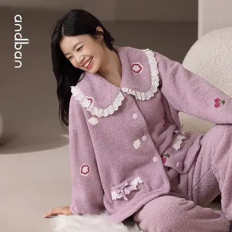 安之伴珊瑚绒睡衣女冬季复合绒加厚保暖甜美花边家居服套装可外穿商品大图