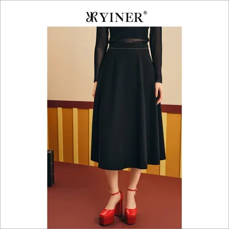 YINER音儿春季女装复古法式收褶风高腰A字裙中长款半身裙图片