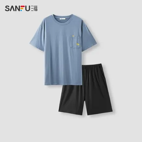 三福男夏季凉爽抗菌睡衣套装 宅家口袋刺绣宽松家居服480115图片