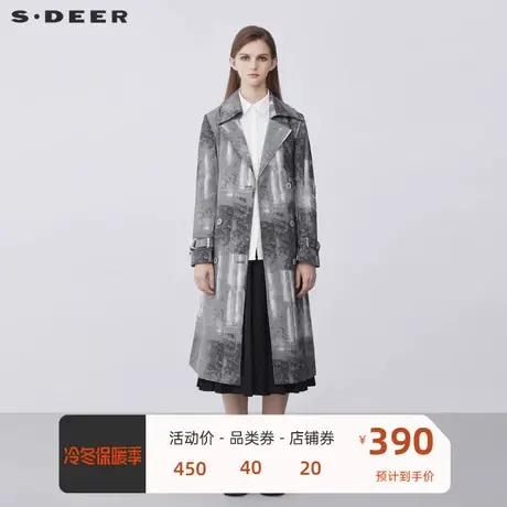 sdeer圣迪奥女装时尚翻领双排扣收腰印花长款风衣S21381823商品大图
