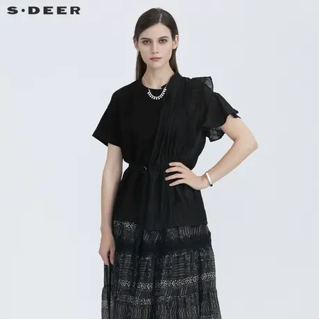 sdeer圣迪奥夏季圆领肌理收腰衬衫拼接短袖T恤S21280118图片