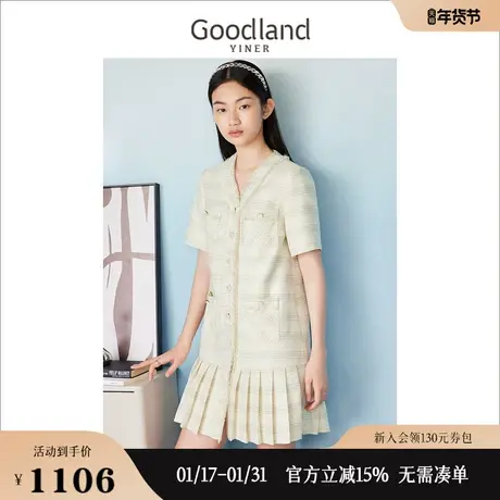 【小香风】Goodland美地女装夏季粗花呢百褶连衣裙高级感图片