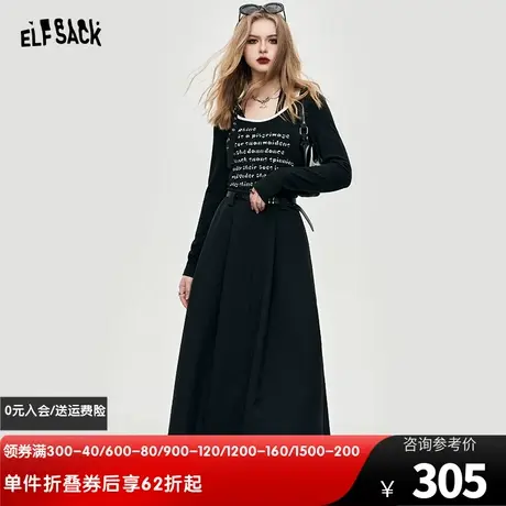 妖精的口袋黑色字母印花长袖连衣裙女2024年早春新款收腰显瘦裙子图片