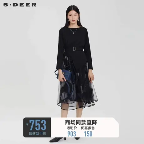 sdeer圣迪奥女装圆领收腰印花网纱长袖连衣裙S231Z1263图片