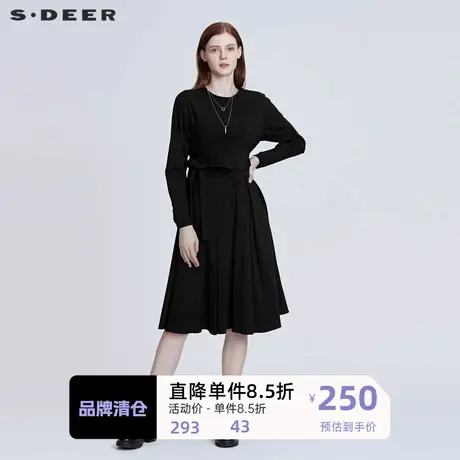 sdeer圣迪奥女装圆领抽褶收腰拼接不规则黑色连衣裙S22161216图片