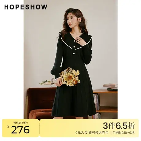 红袖outlets淑女香风V领连衣裙hopeshow2022冬季荷叶边收腰小黑裙图片
