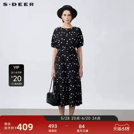 sdeer圣迪奥2025年新品复古圆领撞色波点收腰短袖连衣裙S25261209图片