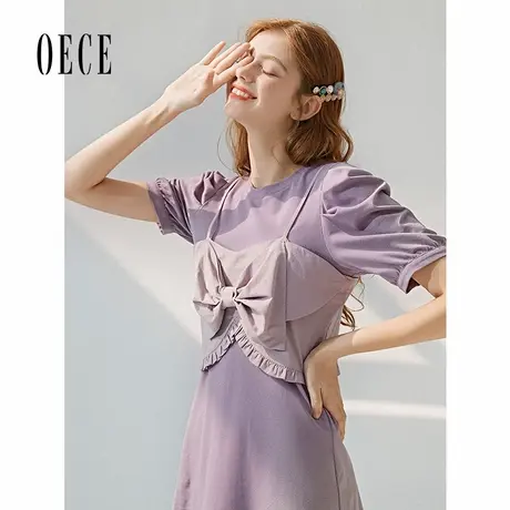 Oece夏装新款女装 蜜蜜葡萄紫甜心可爱吊带圆领泡泡袖连衣裙图片