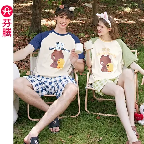 芬腾布朗熊纯棉情侣睡衣女夏季短袖薄款韩版男士可外穿家居服套装图片