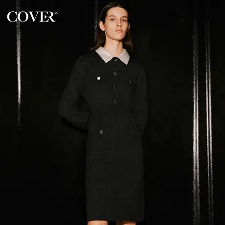 COVER冬季翻领收腰小香风针织连衣裙图片